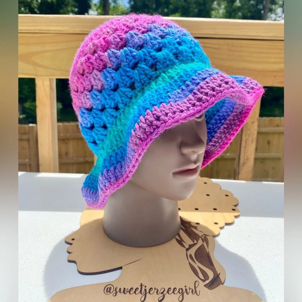 Handmade Bon Bon Purple & Blue Acrylic Granny Stitch Crochet Bucket Hat